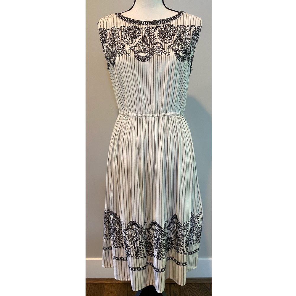 LOFT Black & White Striped Paisley Embroidered Sleeveless Dress SIZE SMALL